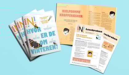 En bunke med Nysgjerrigper-bladet 4-2019 med tilhørende undervisningsopplegg til artikkelen Hjelpsomme kroppsvæsker med teksten Lag ordspill om kroppsvæsker