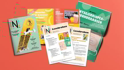 Nysgjerrigper-blad 3-20 med oppgaver til mot rød bakgrunn