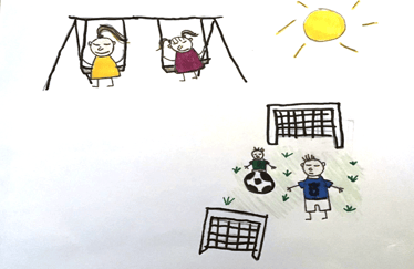 Tegning av jenter som husker og gutter som spiller fotball