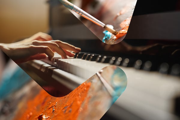 Illustrasjonsbilde med en som spiller pioano og en som maler med oljefarger