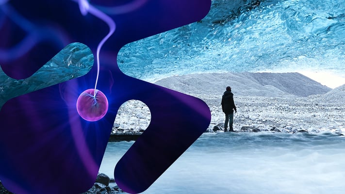 To bilder kombinert: Bilde som illustrerer magnetikk, lilla bakgrunn, rosa ball og en lys stråle. Bilde ut av isgrotte mot mann, grus og hav.