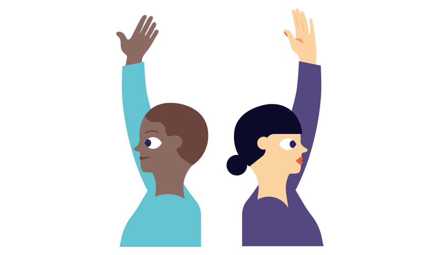 To personer med ryggen mot hverandre holder opp en hånd hver.