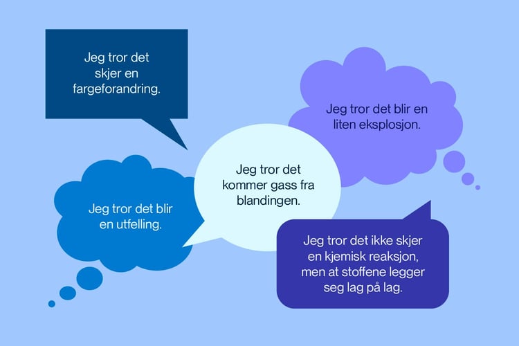 Fem tankebobler med ulike hypoteser om hva som skjer når man blander når man blander en drue, olje, saft og oppvaskmiddel.