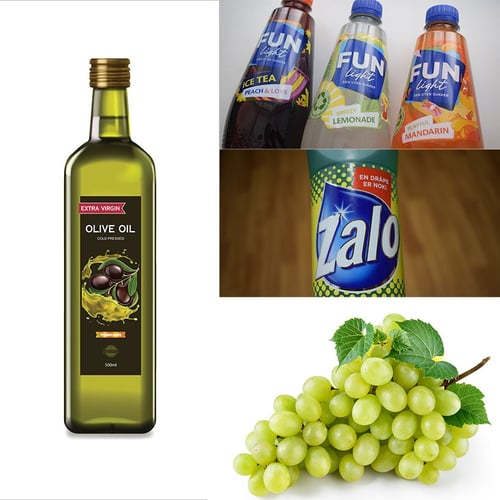 Til venstre er det en flaske olivenolje. Øverst til høyre er det tre flasker med saft. I midten til høyre er det en flaske med oppvaskmiddel. Nederst til høyre er det en klase med druer. 