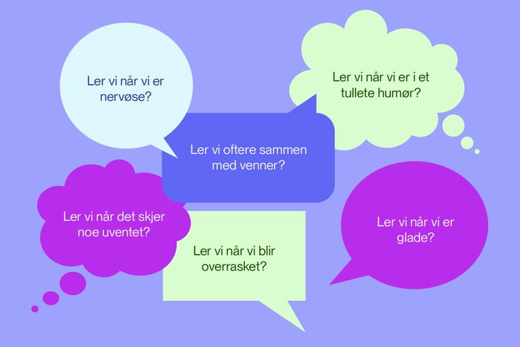 Fem tankebobler med ulike hypoteser om hvorfor vi ler.