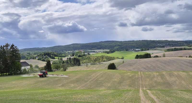 traktor som sprer gjdsel på et stor åkre