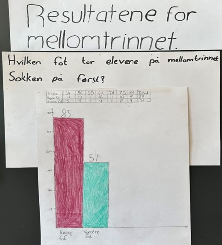 plakat som oppsummerer totalresultatene for sokkeforskningene: 85 tar på høyre sokk først, mens 51 tar på venstre sokk først