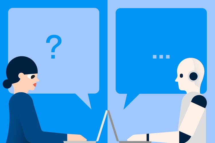 Illustrasjon av en robot og et jente som sitter på hver sin pc. Jenta stiller et spørsmål og roboten skal svare.