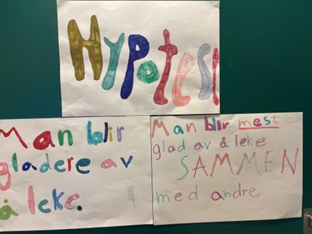 tegnede plakater skrevet av barn som handler om hypoteser om at man blir gladere av å leke