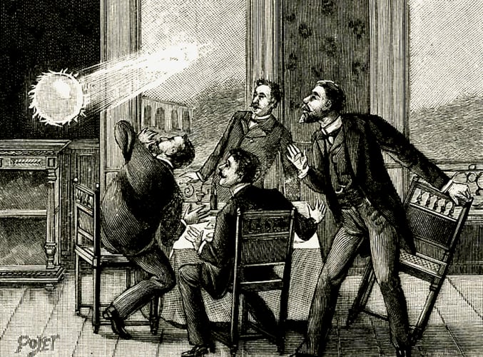 En gammel illustrasjon av kulelyn som farer inn gjennom et åpent vindu.