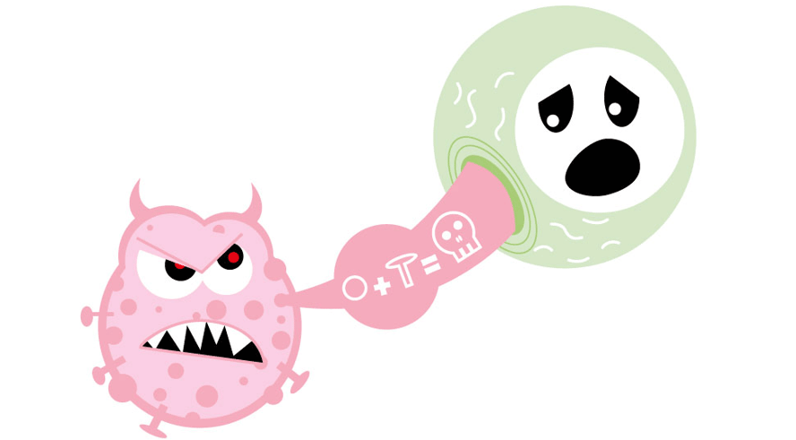 Tegning av virus som sprøyter inn oppskrift på arvestoff i en celle