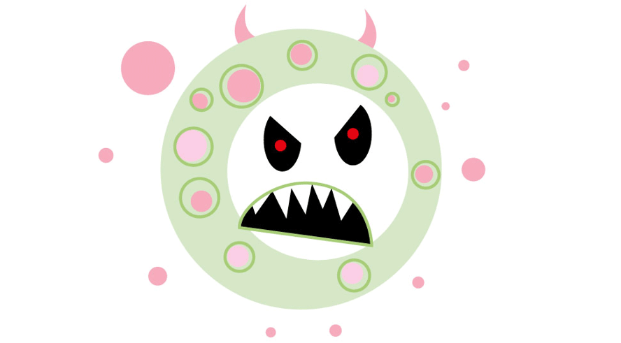 Tegning av virus som er grønt og rosa og har et sint uttrykk