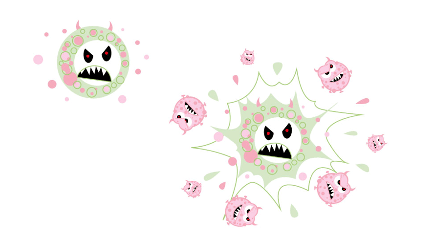 Tegning av virus som spruter ut flere små virus