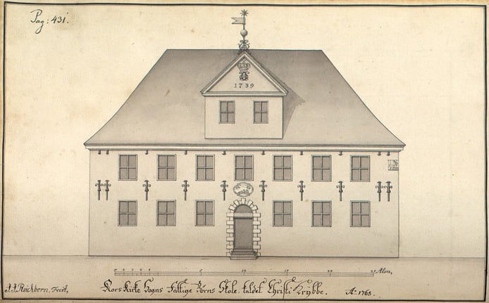 Tegning av Christi Krybbe skole - Norges eldste barneskole