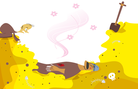 Illustrasjon av at noen har gravet opp graven til Olav den hellige og en deilig duft stiger opp.