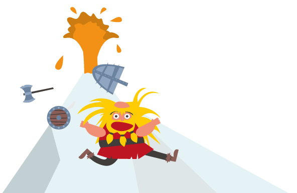 Illustrasjon av en redd viking som løper bort fra en vulkan som spruter ild. 