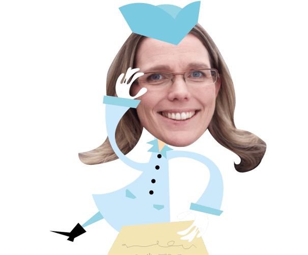 Illusrasjon av forsker med tollpapirer, med foto av ansiktet til Ragnhild Hutchison. 