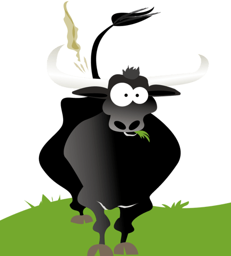 Illustrasjon av en okse som spiser gress. 