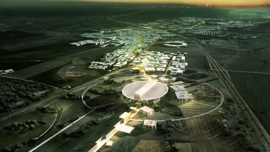 Oversiktsbilde av European Spallation Source som er et forskningssenter i Lund i Sverige. 