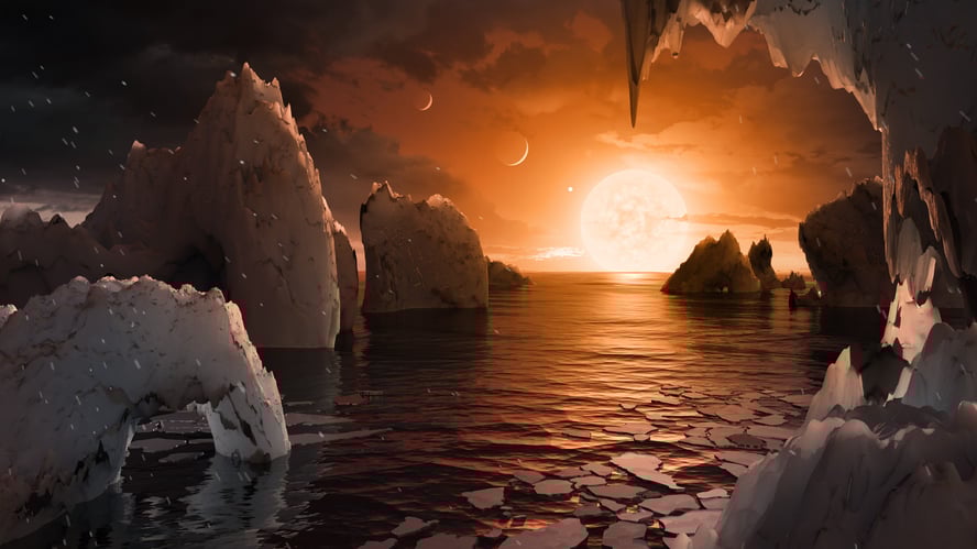 Illustrasjon av hvordan utsikten fra Trappist-1 kan se ut.