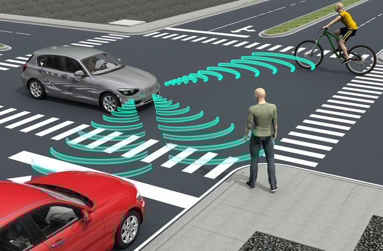 Illustrasjon av en selvkjørende bil som navigerer seg gjennom et veikryss.