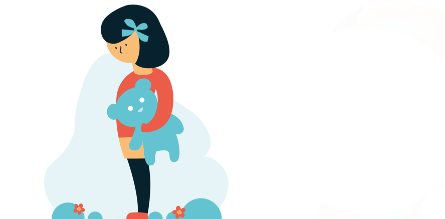 Illustrasjon av en jente som står med kosebamsen sin.