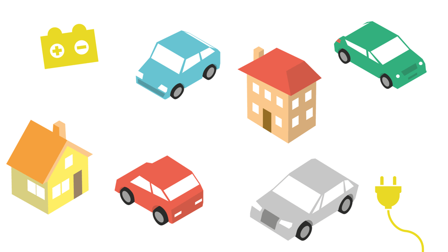 Illistrasjonsbilde av elbiler, hus og strøm. 