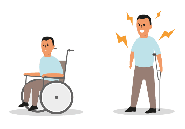 Illustrasjon av en mann som sitter i rullestol og en mann som går med en krykke