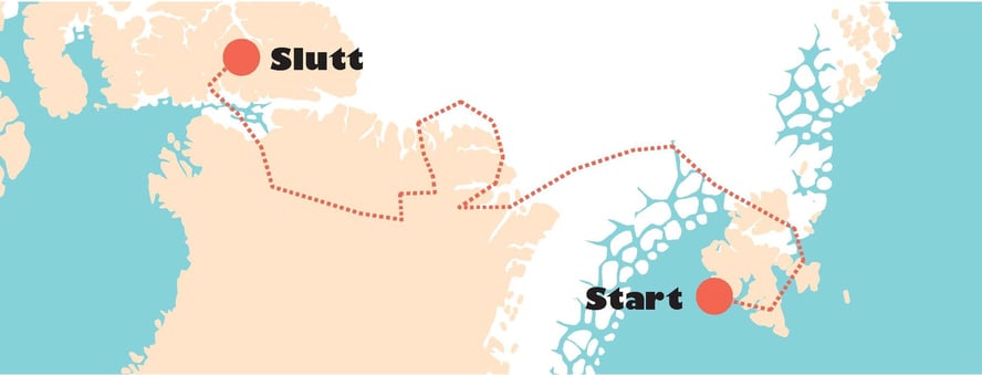 Et kart som viser hvor reven Anna har vandret fra Svalbard til Canada.