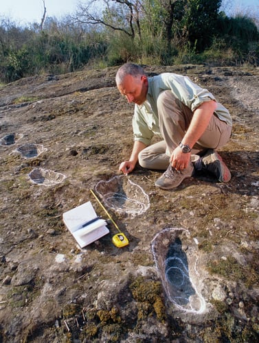 Forsker merker fotspor i bakken med kritt