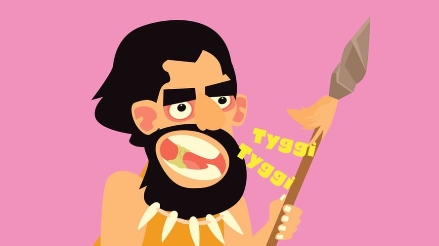 tegning av steinaldermann som tygger tyggis mot rosa bakgrunn. Teksten "tyggi-tyggi" i gult. 
