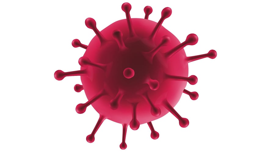 Tegning av rosa, rundt og piggete koronavirus mot hvit bakgrunn