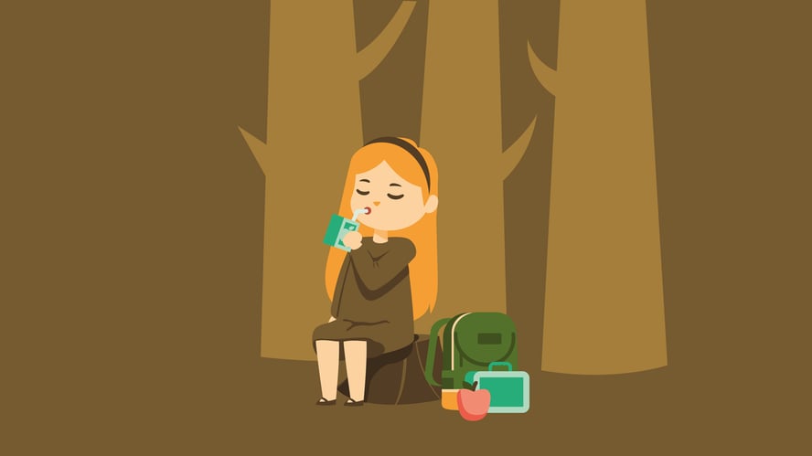 Tegning av jente som sitter på en stubbe og drikker juice med resten av nisten ved siden av