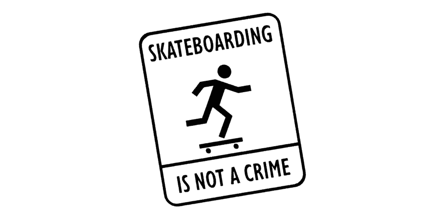 Strektegning av skater med teksten skateboarding is not a crime