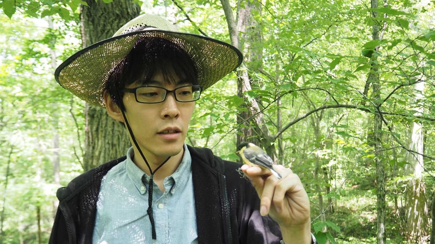 Forsker med fugl på hånda i skogen 