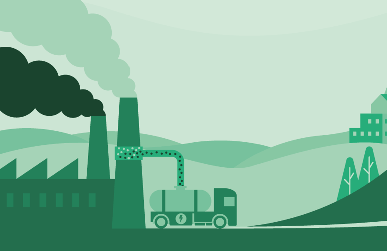 Illustrasjon av røyk fra fabrikkpiper og en lastebil som fanger opp CO2 før den slipper ut av fabrikkpipene.