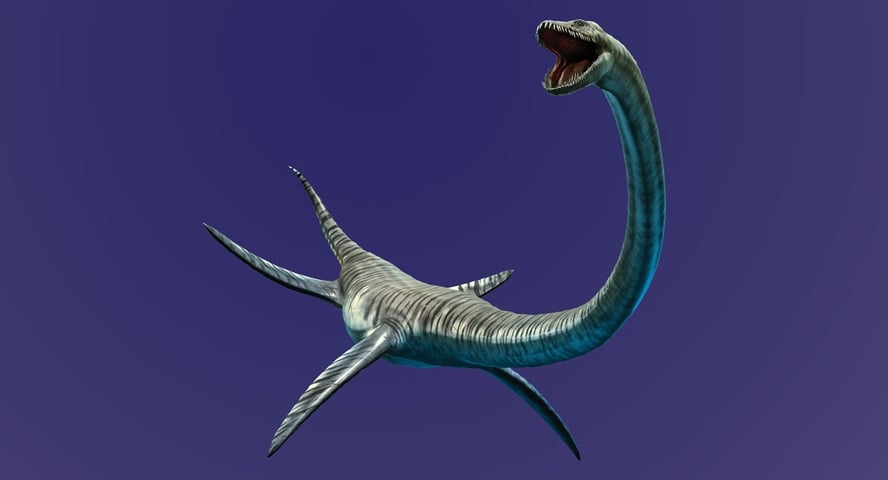 Dyr med lang hals, fire finner og åpen munn med små, skarpe tenner