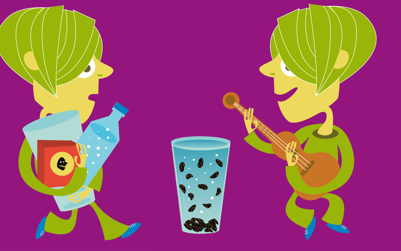 Illustrasjon av eksperiment med dansende rosiner i et glass med vann. 