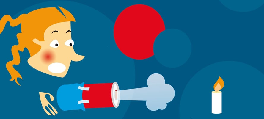 Illustrasjon av en jente som skyter med en luftkanon mot et brennende lys.