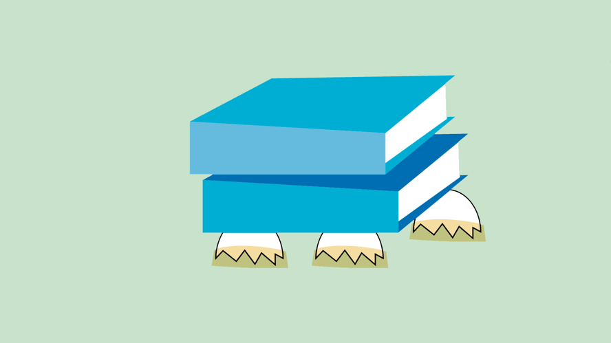 To bøker oppå fire halve eggeskall