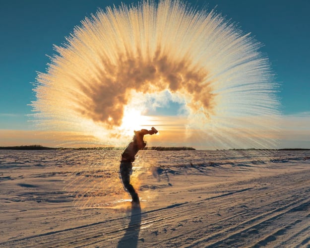En person kaster kokende vann ut i iskald luft og det fryser umiddelbart til snø