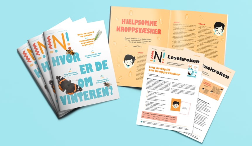 En bunke med Nysgjerrigper-bladet 4-2019 med tilhørende undervisningsopplegg til artikkelen Hjelpsomme kroppsvæsker med teksten Lag ordspill om kroppsvæsker