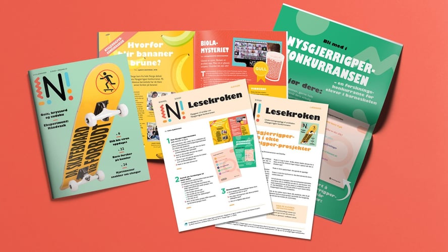 Nysgjerrigper-blad 3-20 med oppgaver til mot rød bakgrunn