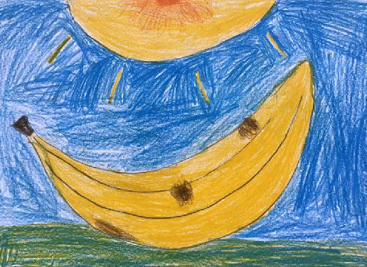 Tegning av en banan med brune prikker og en sol