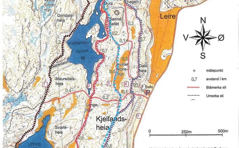 Utsnitt av løypekart over Kjellandsheia