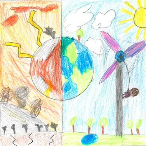 Tegning av vindenergi, solenergi og elektrisk energi på jirdkloden