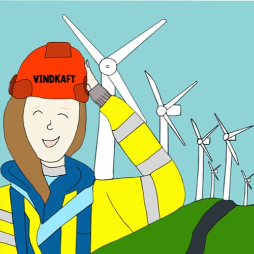 Tegning av en smilende dame med gul jakke og rød hjelm det står vindkraft på som står foran en rad med vindmøller