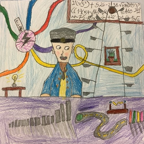 Tegning av en mann som titter kurt ut over en dominobane laget av klosse og bilbanedeler.