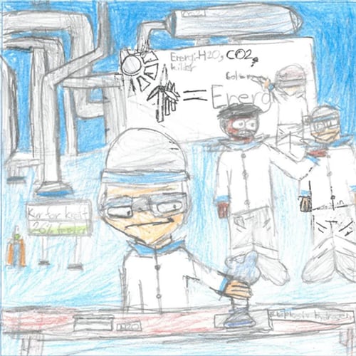 Tegning av fire forskere i en støvfri labb