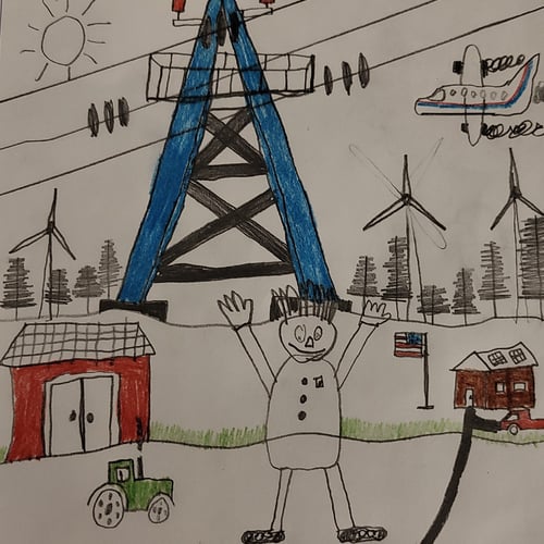 Tegning av en mann som står med hendene i været. Bak ham er en stor kraftmast, et fly, vindmøller, sol, en granskog, en traktor, en bil og to hus